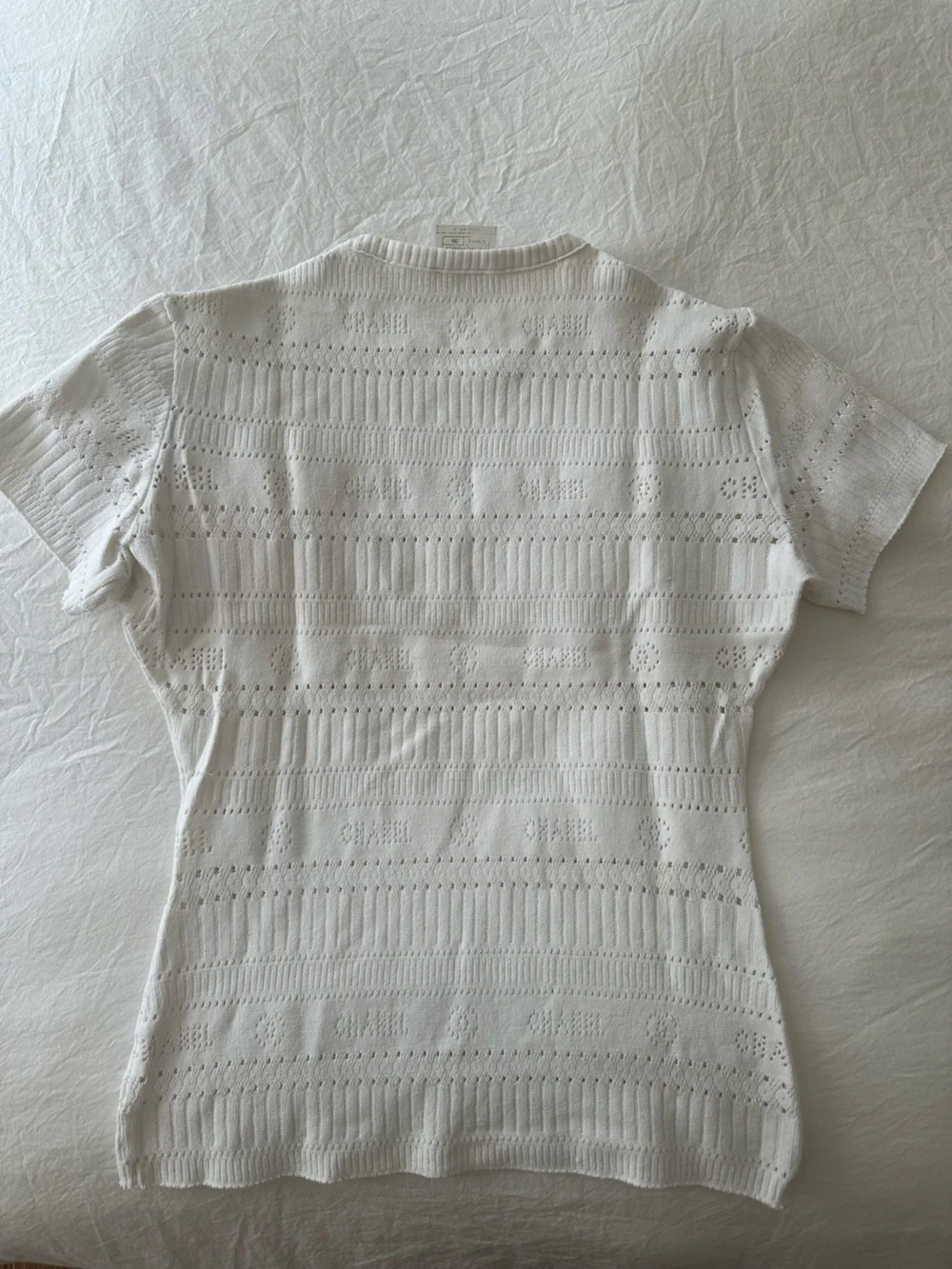 CHANEL Cream Openwork Short-Sleeve Knit Top